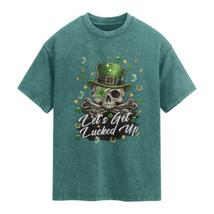 Lets Get Lucked Up Washed Cotton T-Shirt Lucky Skeleton St Patricks Day
