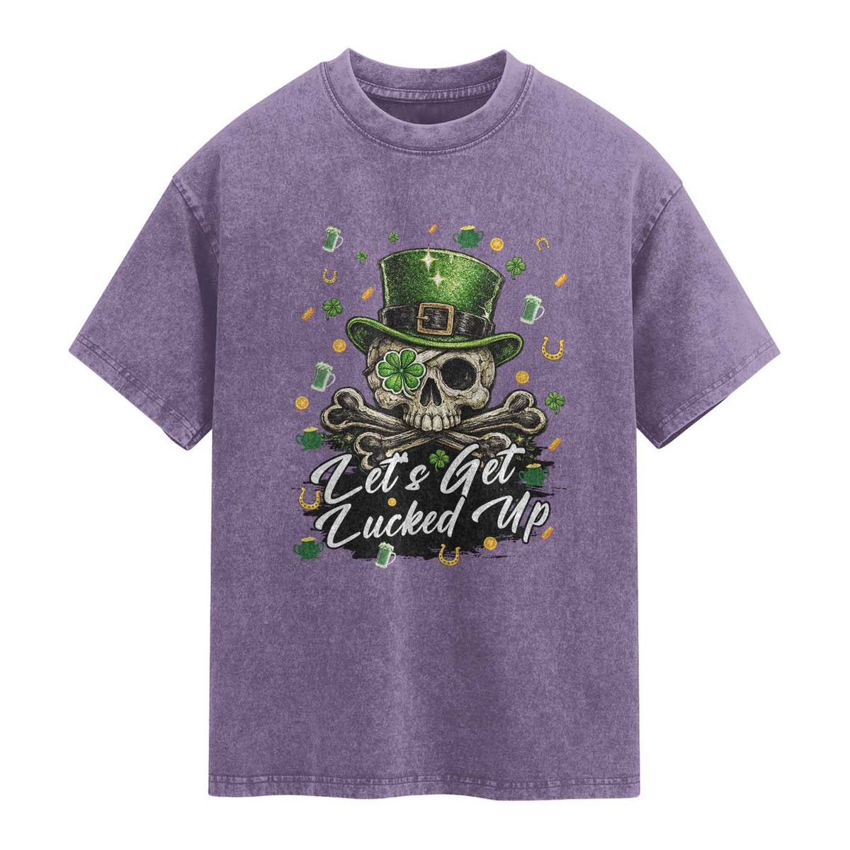 Lets Get Lucked Up Washed Cotton T-Shirt Lucky Skeleton St Patricks Day