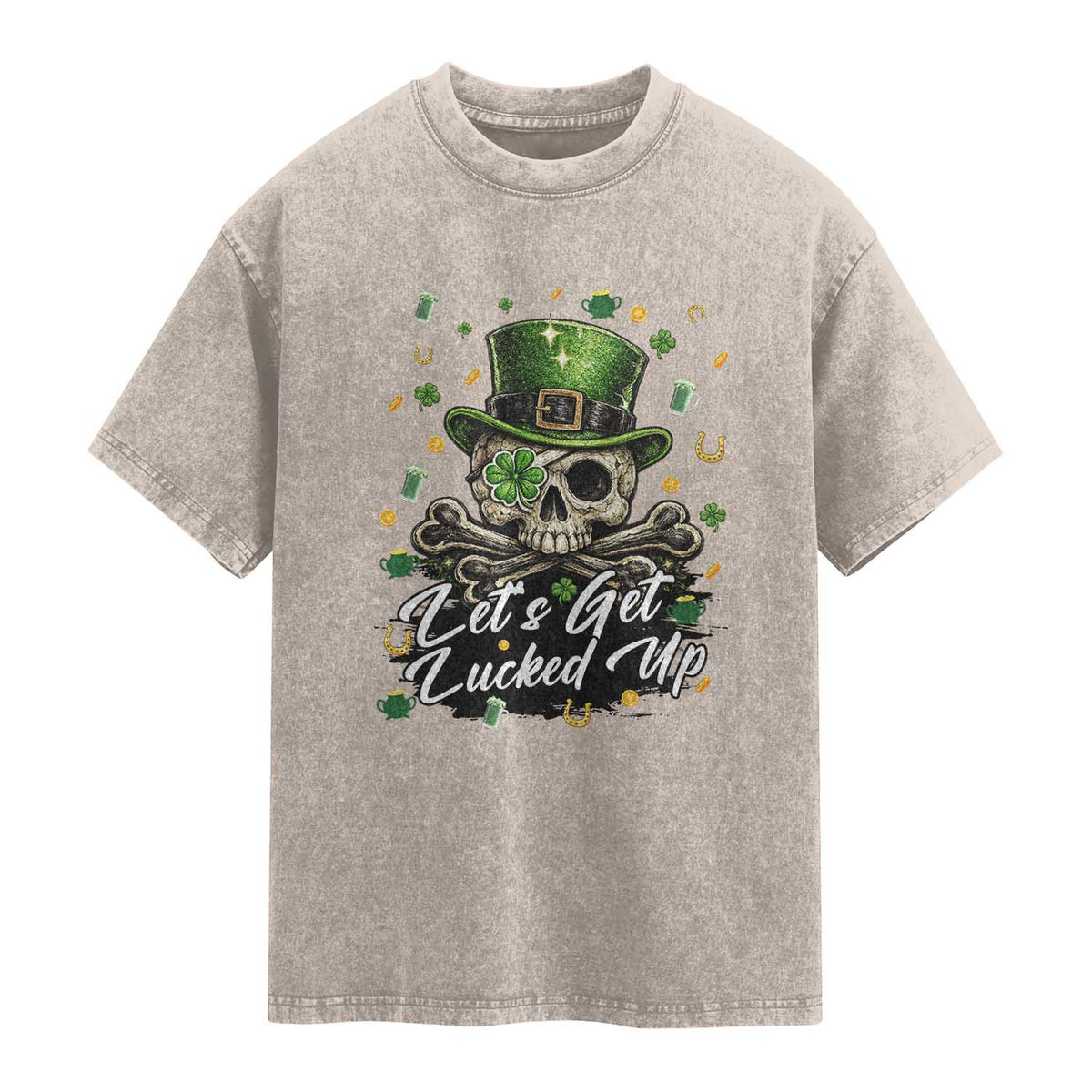 Lets Get Lucked Up Washed Cotton T-Shirt Lucky Skeleton St Patricks Day