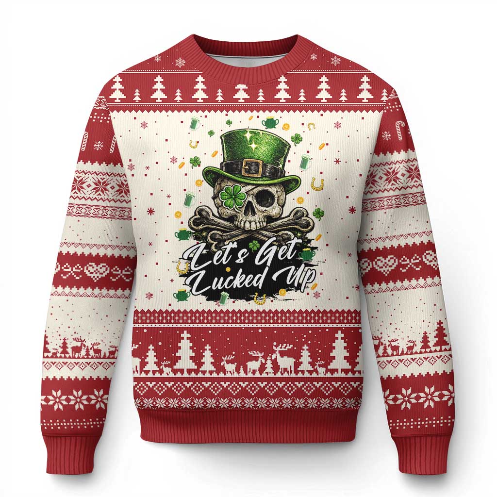 Lets Get Lucked Up Ugly Christmas Sweater Lucky Skeleton St Patricks Day TS12 Beige Red Print Your Wear