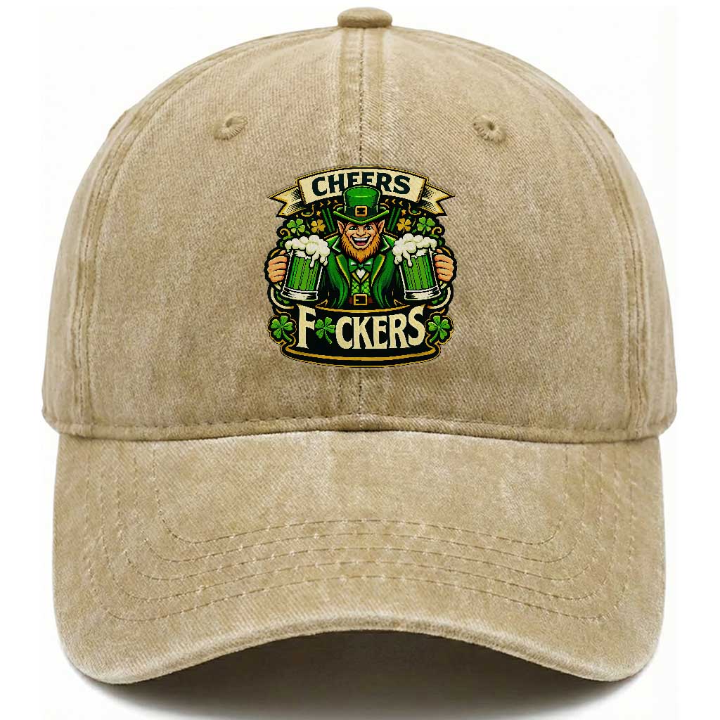 Cheers Fckers Washed Cotton Baseball Cap Funny Leprechaun St Patricks Day Party TS12 Print Your Wear