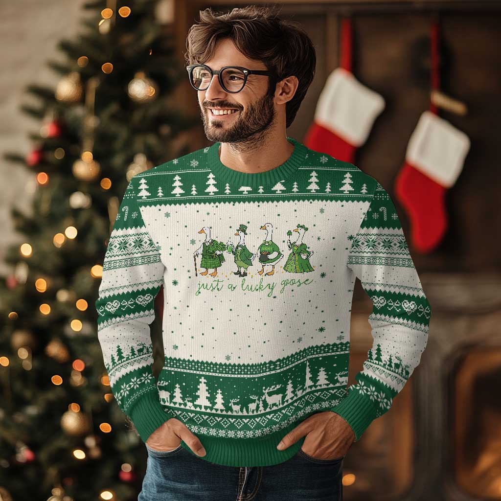 Just A Lucky Goose Ugly Christmas Sweater Funny St Patricks Day Irish Gift TS12 Beige Green Print Your Wear