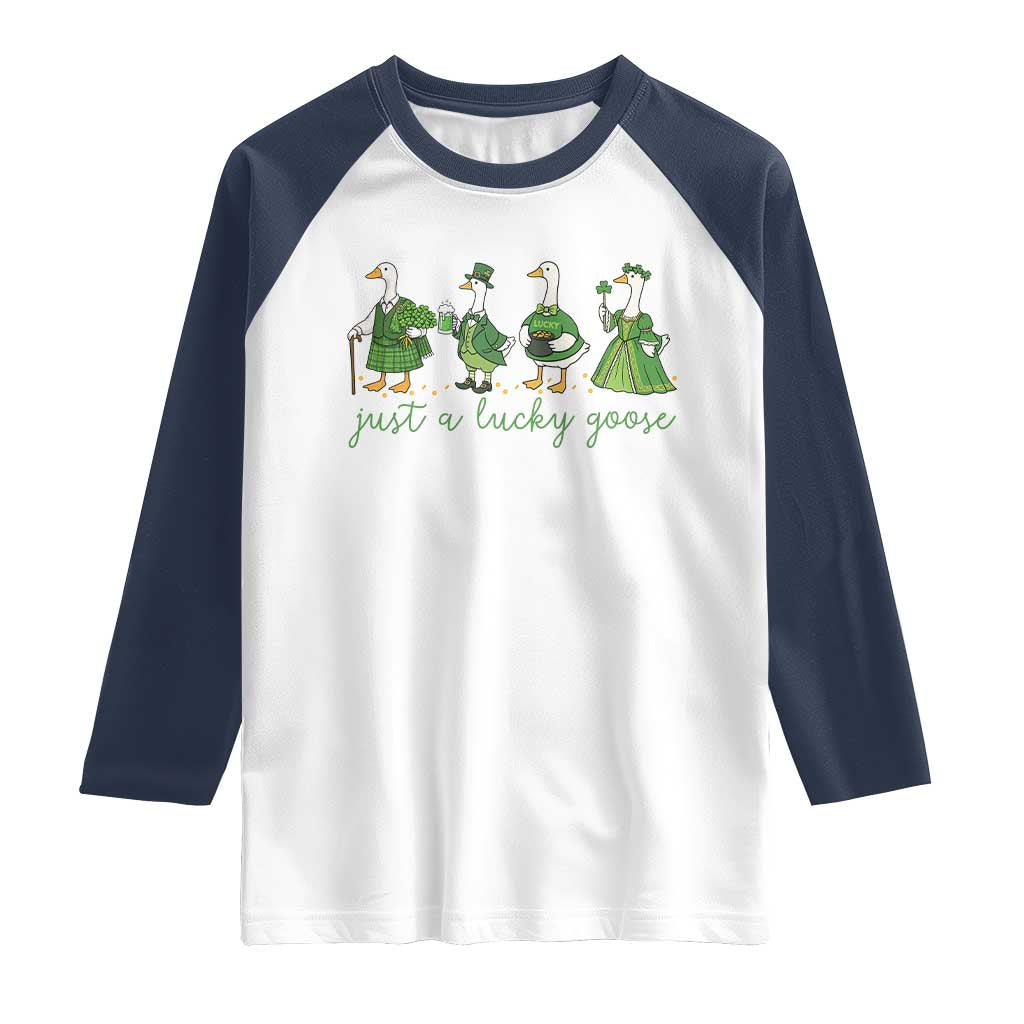 Just A Lucky Goose Raglan Shirt Funny St Patricks Day Irish Gift TS12 White Navy Print Your Wear