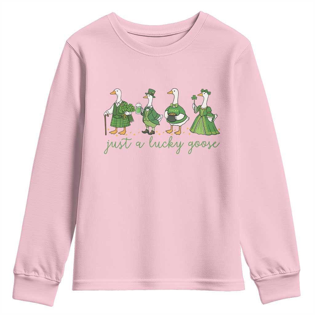 Just A Lucky Goose Youth Sweatshirt Funny St Patricks Day Irish Gift TS12 Light Pink Print Your Wear