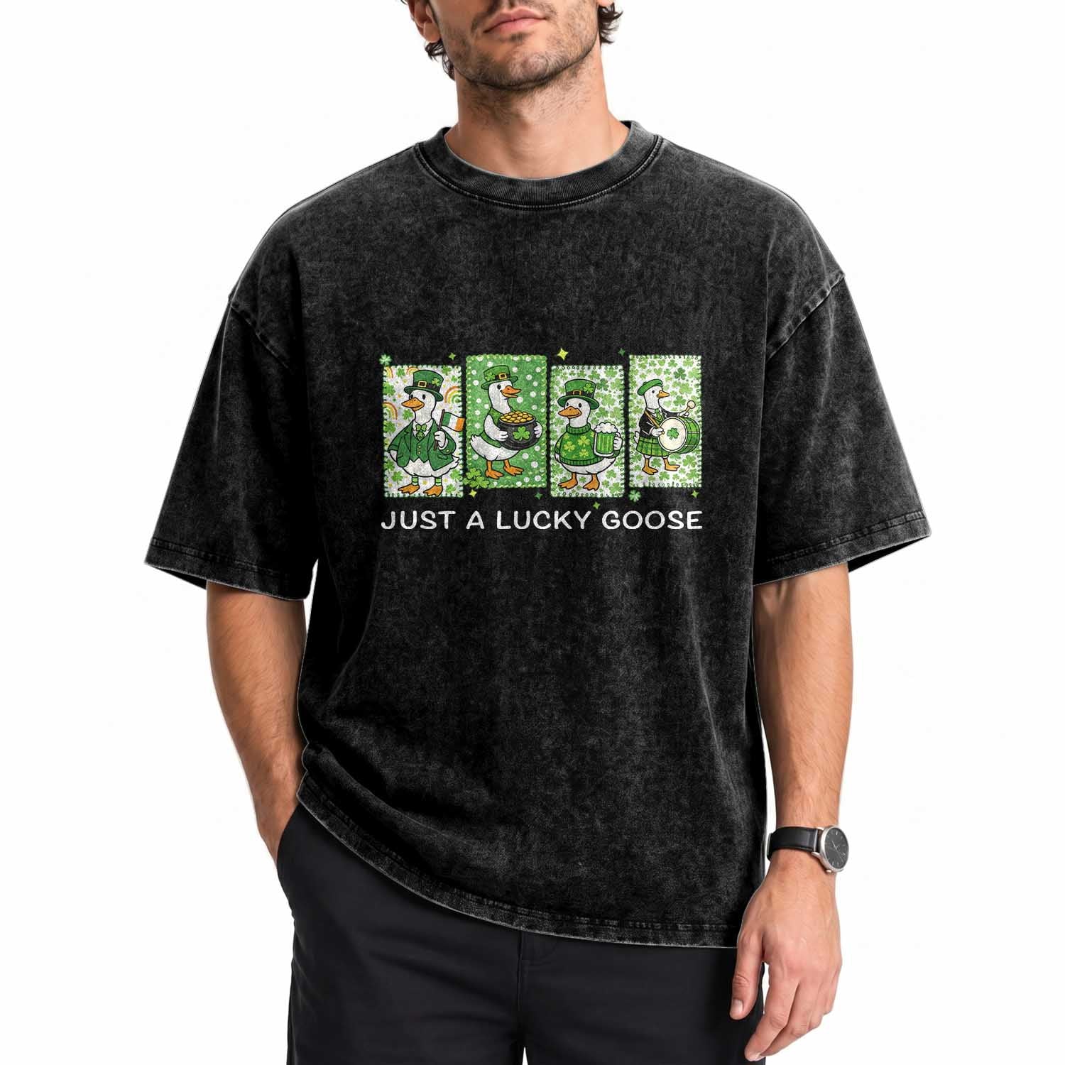 Just A Lucky Goose Washed Cotton T-Shirt Funny Irish Crew St Patricks Day