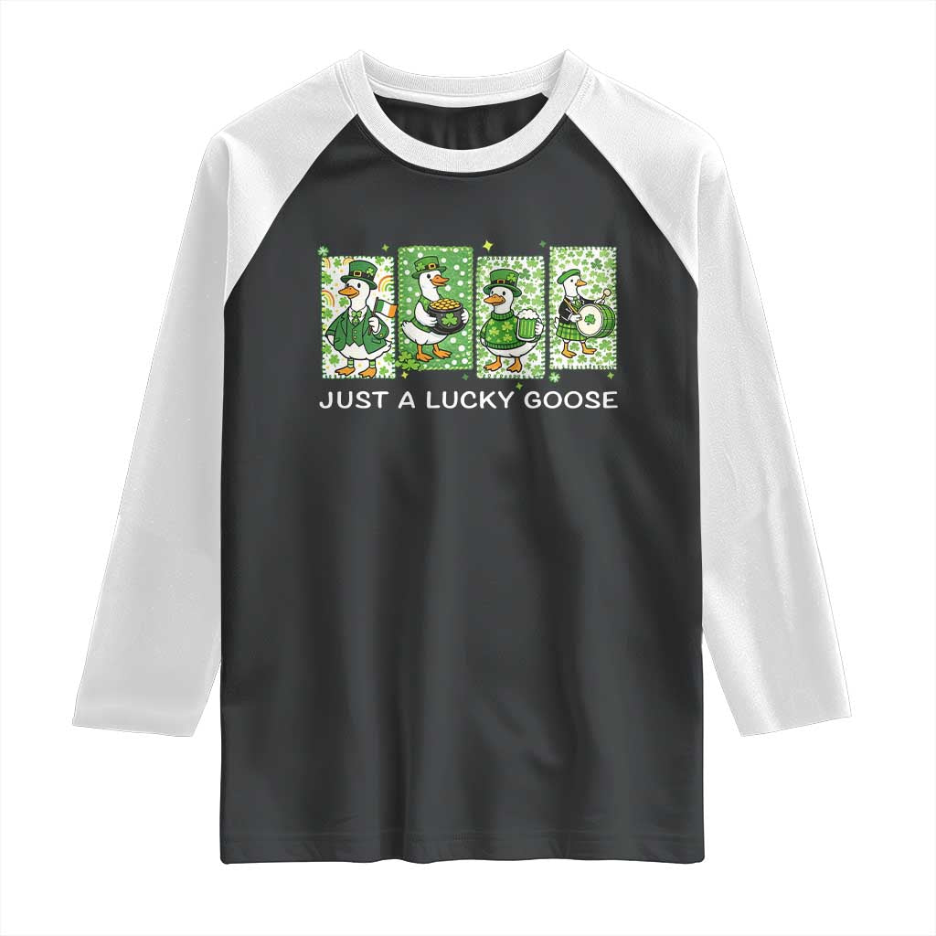 Just A Lucky Goose Raglan Shirt Funny Irish Crew St Patricks Day TS12 Black White Print Your Wear