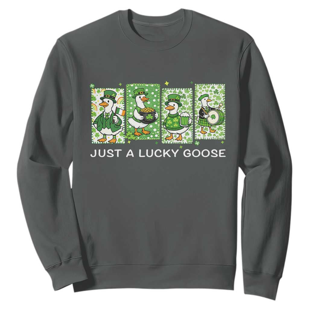 Just A Lucky Goose Sweatshirt Funny Irish Crew St Patricks Day TS12 Dark Heather Print Your Wear
