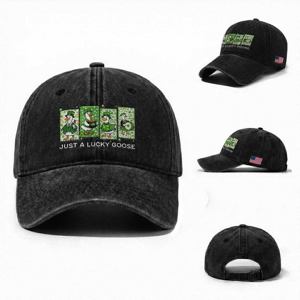 Just A Lucky Goose Washed Cotton Baseball Cap Funny Irish Crew St Patricks Day TS12 Washed Cap Universal Fit Black Print Your Wear