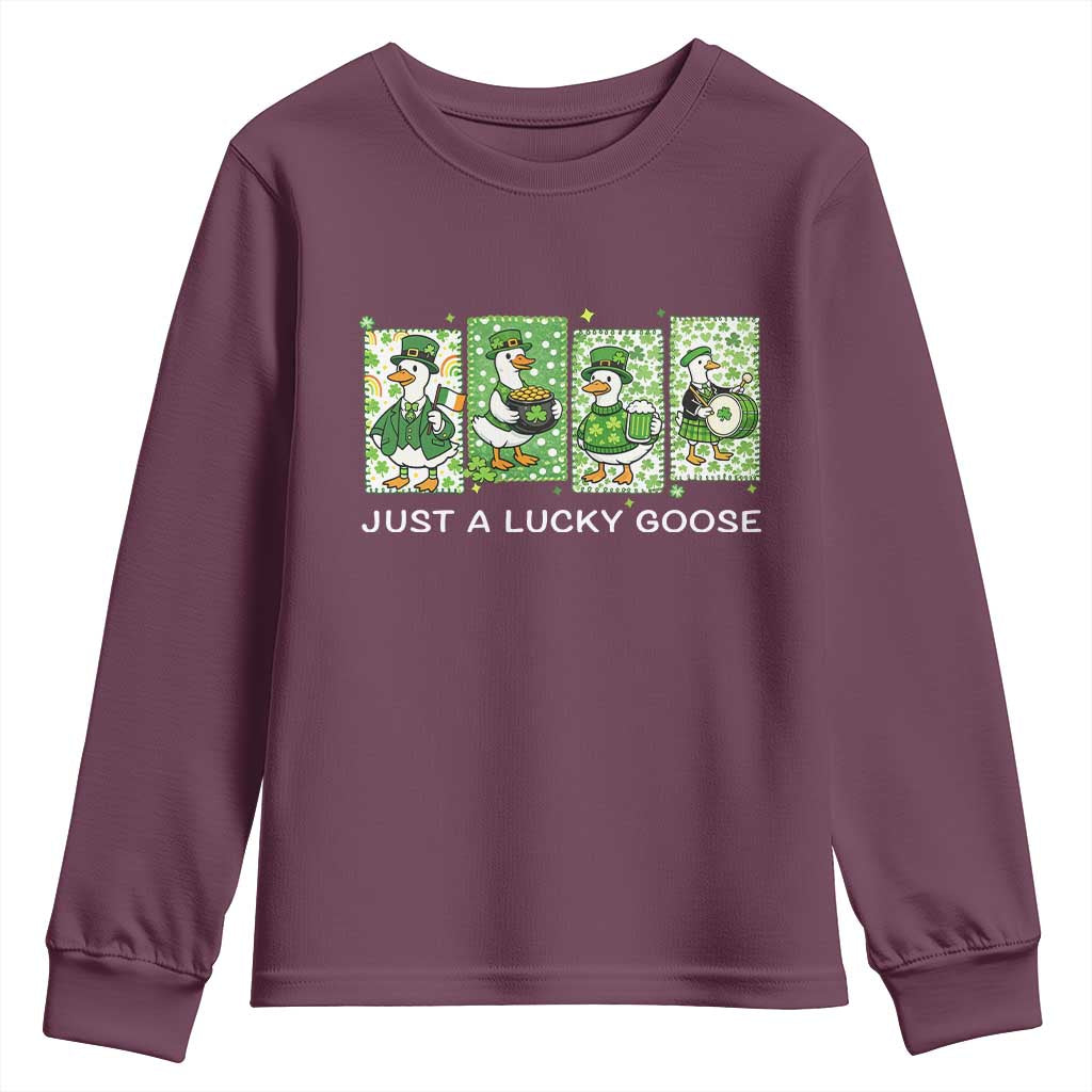 Just A Lucky Goose Youth Sweatshirt Funny Irish Crew St Patricks Day TS12 Maroon Print Your Wear