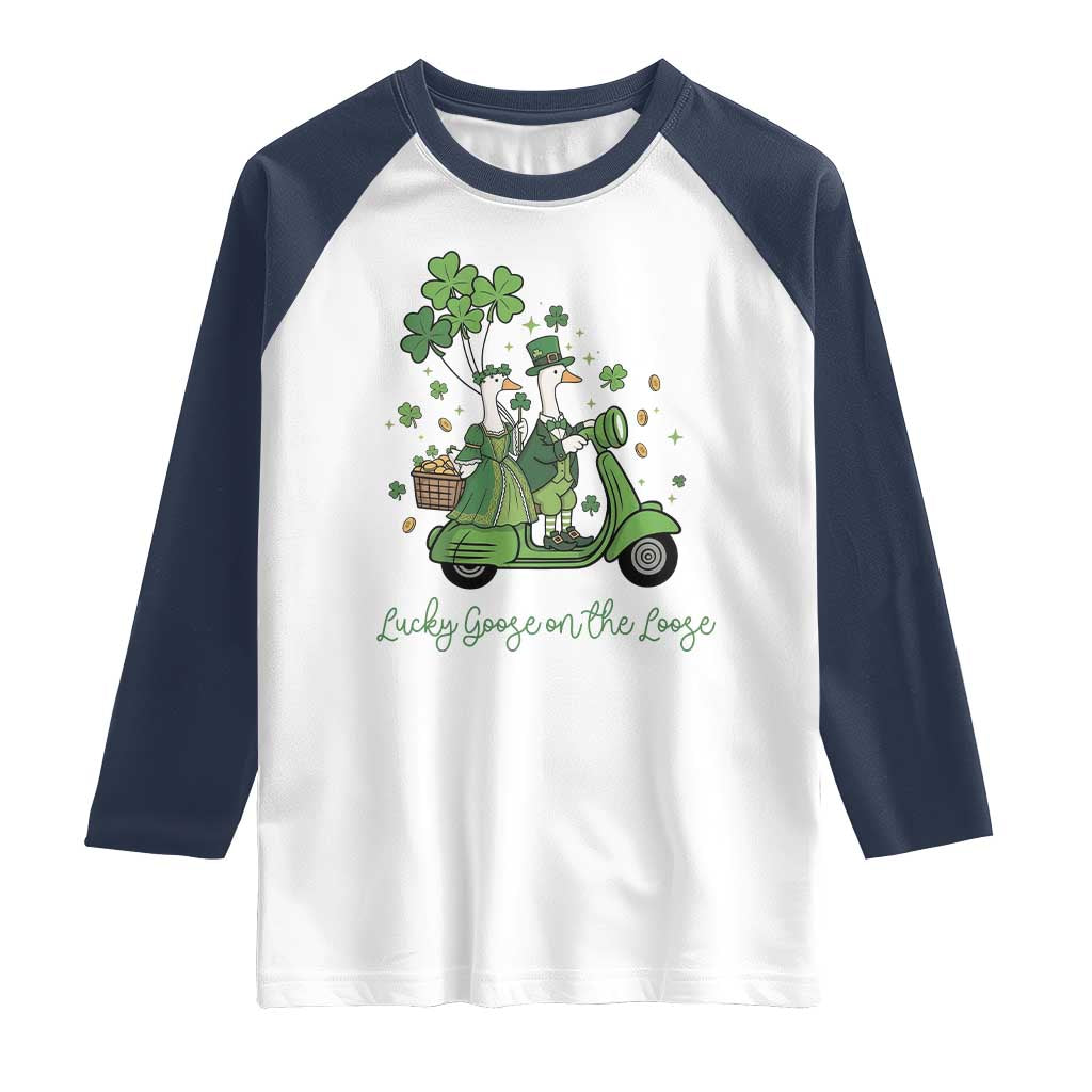 Lucky Goose On The Loose Raglan Shirt St Patricks Day Irish Pride TS12 White Navy Print Your Wear