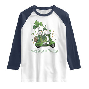 Lucky Goose On The Loose Raglan Shirt St Patricks Day Irish Pride TS12 White Navy Print Your Wear