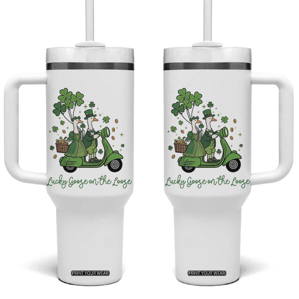 Lucky Goose On The Loose Tumbler With Handle St Patricks Day Irish Pride TS12 One Size: 40 oz White Print Your Wear