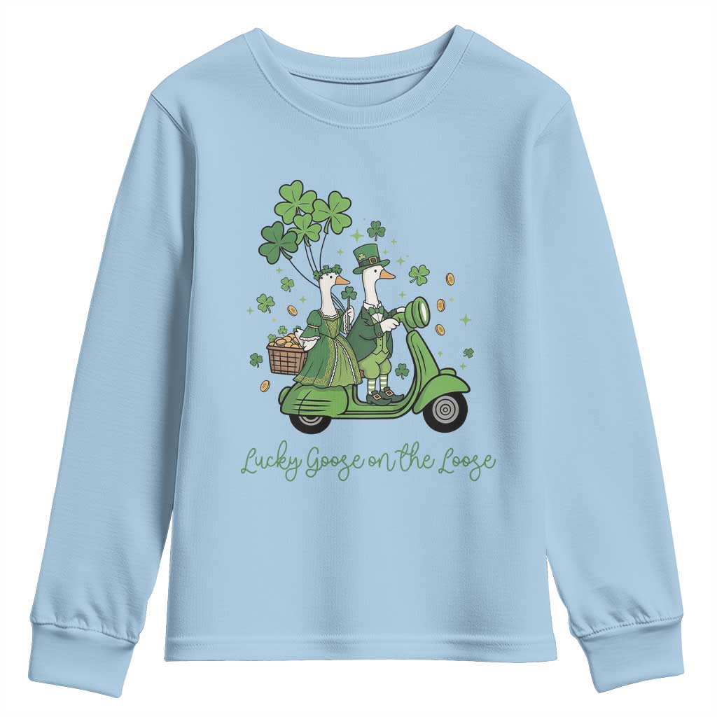 Lucky Goose On The Loose Youth Sweatshirt St Patricks Day Irish Pride TS12 Light Blue Print Your Wear
