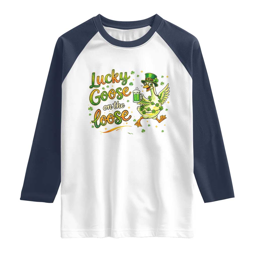 Retro Clover Duck Raglan Shirt Lucky Goose On The Loose TS12 White Navy Print Your Wear