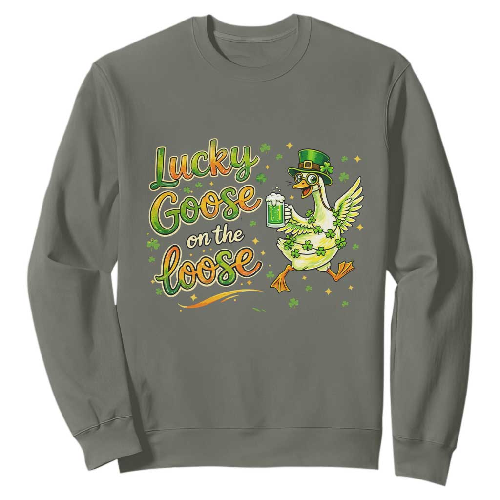 Retro Clover Duck Sweatshirt Lucky Goose On The Loose TS12 Military Green Print Your Wear
