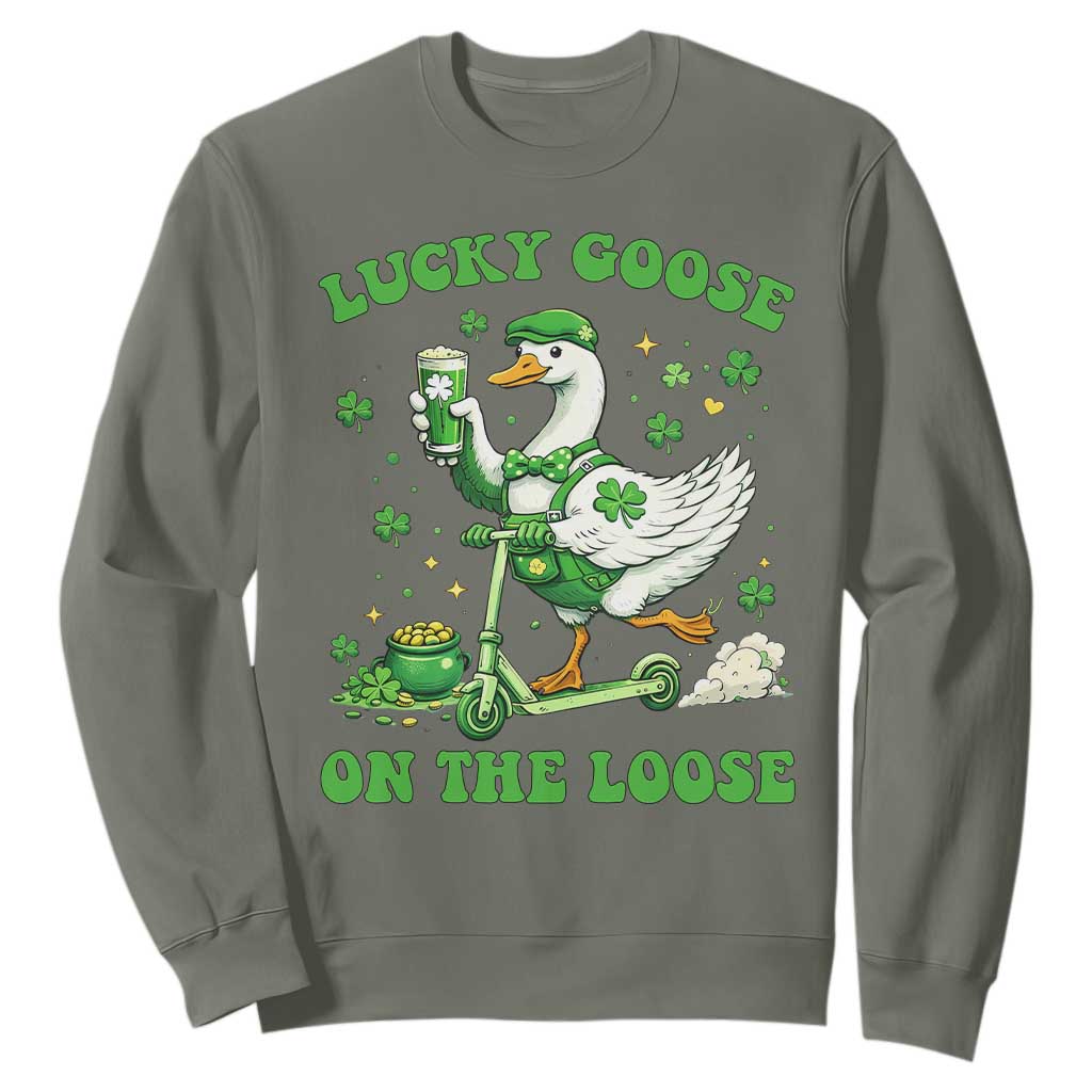 Funny Irish Goose Lover Sweatshirt Lucky Goose On The Loose TS12 Military Green Print Your Wear