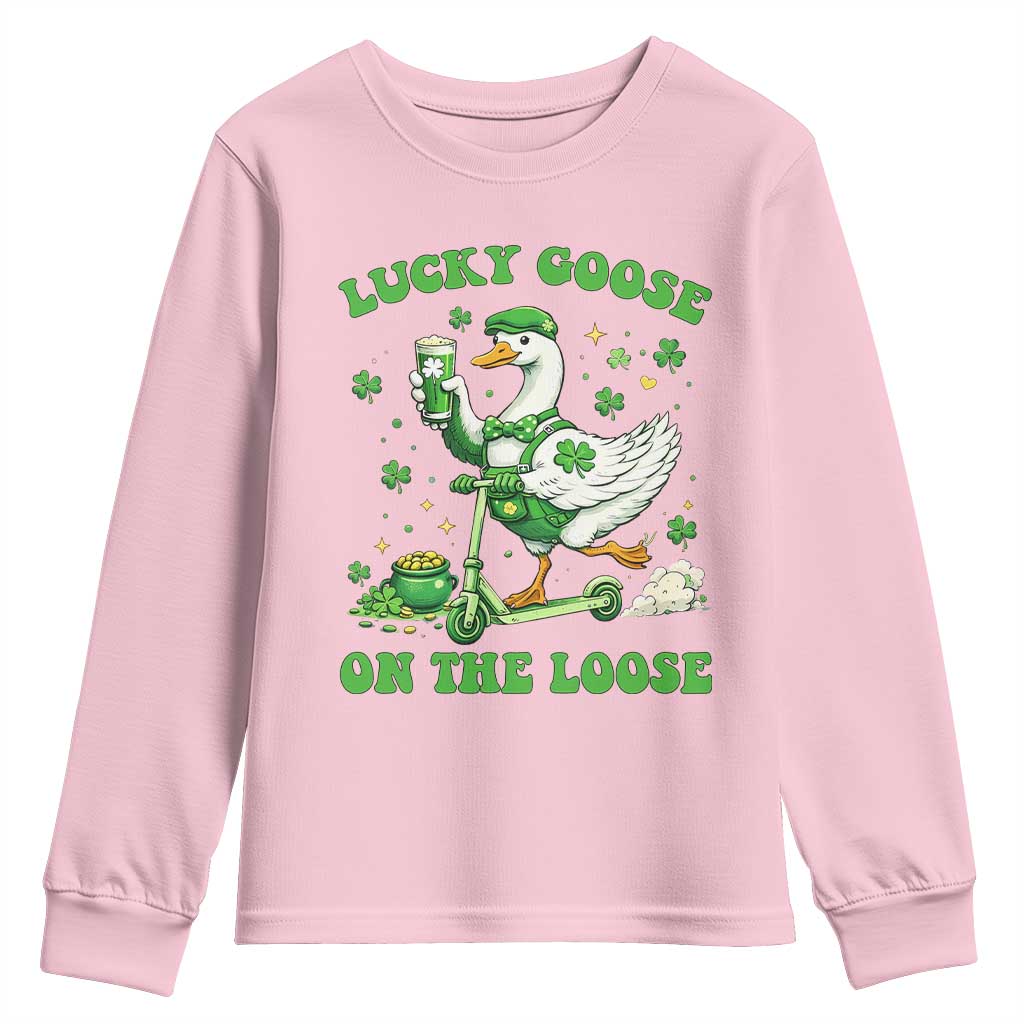 Funny Irish Goose Lover Youth Sweatshirt Lucky Goose On The Loose TS12 Light Pink Print Your Wear