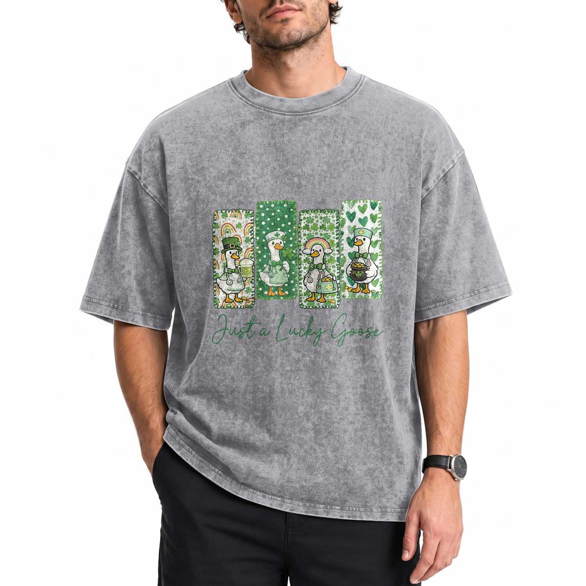 Just A Lucky Goose Nurse Washed Cotton T-Shirt St Patricks Day Gift
