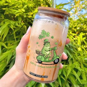 Funny Irish Frog Off To Commit Foolery Glass Can St Patricks Day Gift TS12 White Print Your Wear