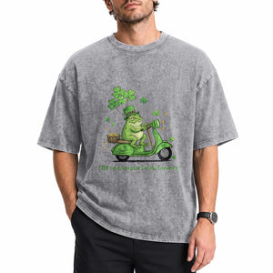 Funny Irish Frog Off To Commit Foolery Washed Cotton T-Shirt St Patricks Day Gift