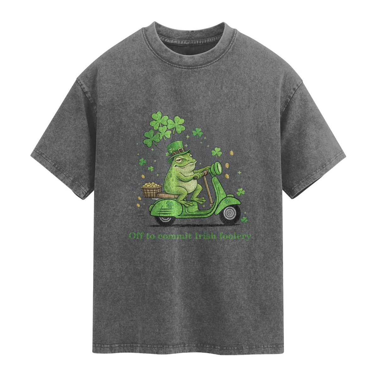 Funny Irish Frog Off To Commit Foolery Washed Cotton T-Shirt St Patricks Day Gift