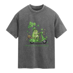 Funny Irish Frog Off To Commit Foolery Washed Cotton T-Shirt St Patricks Day Gift