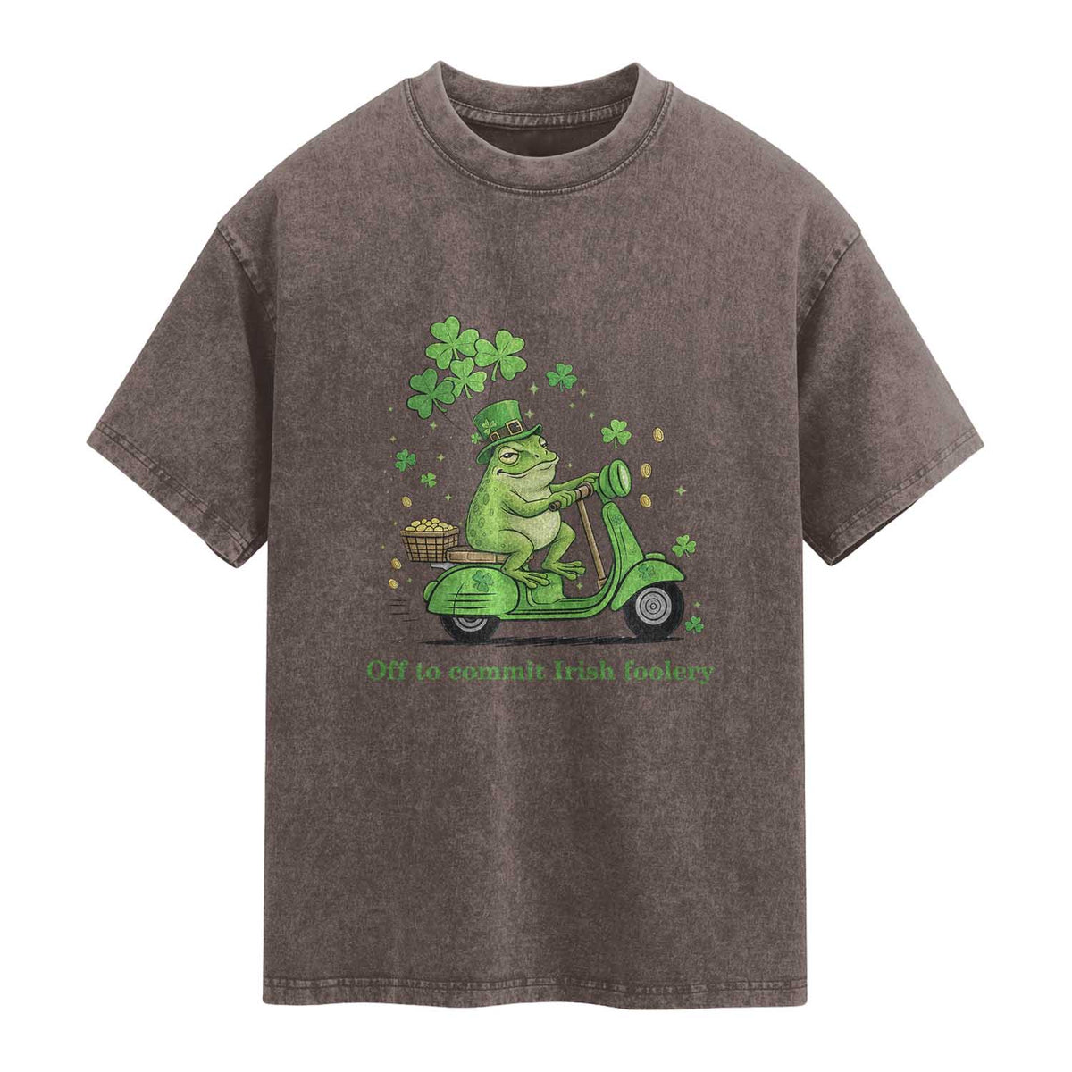 Funny Irish Frog Off To Commit Foolery Washed Cotton T-Shirt St Patricks Day Gift
