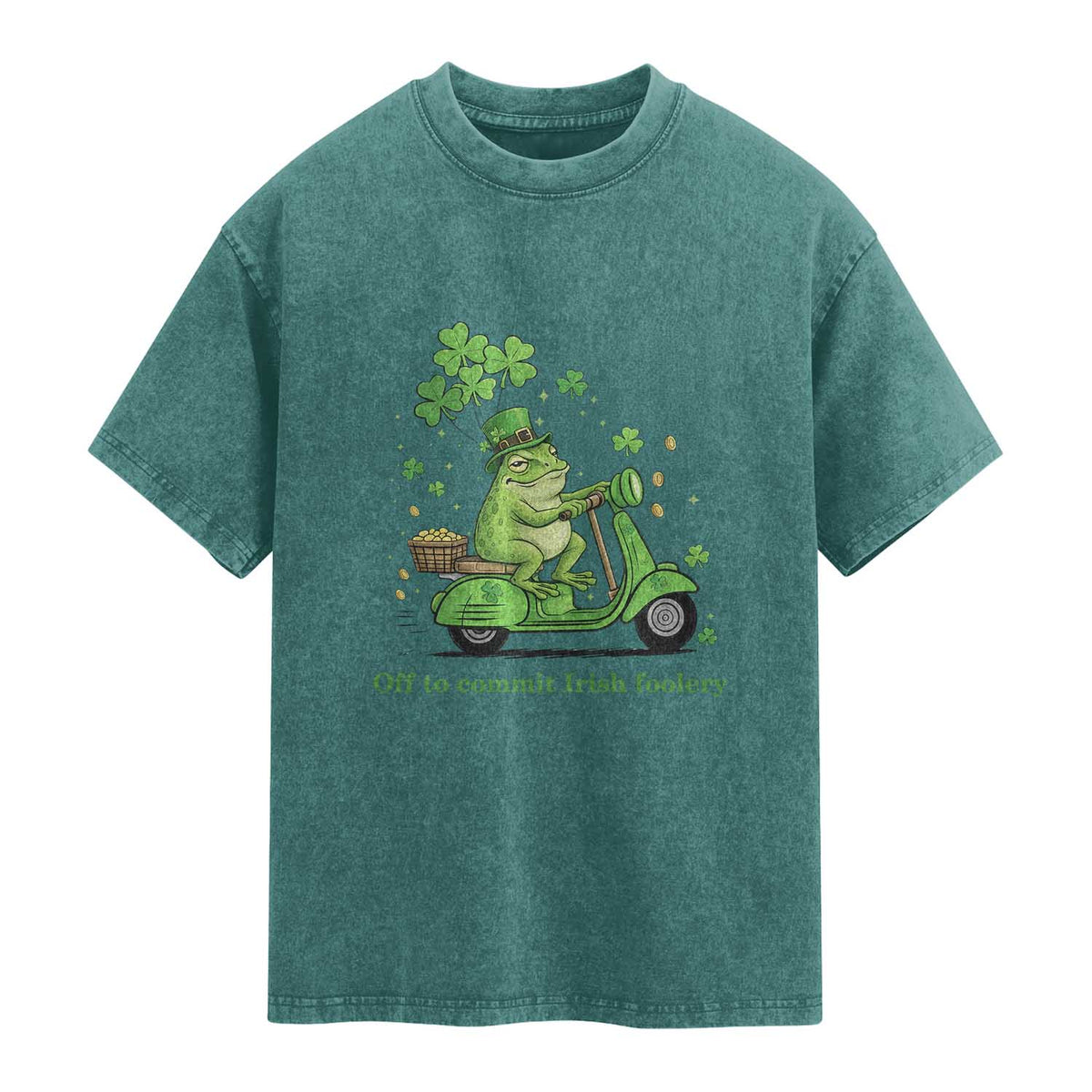 Funny Irish Frog Off To Commit Foolery Washed Cotton T-Shirt St Patricks Day Gift