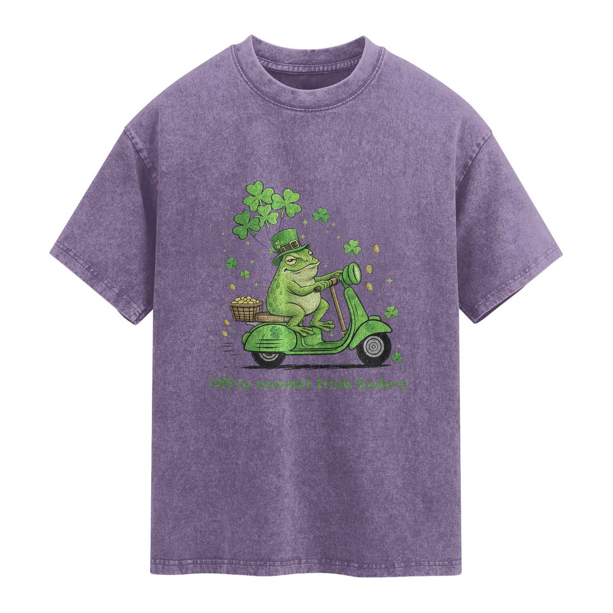 Funny Irish Frog Off To Commit Foolery Washed Cotton T-Shirt St Patricks Day Gift