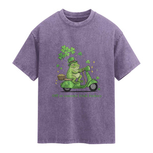 Funny Irish Frog Off To Commit Foolery Washed Cotton T-Shirt St Patricks Day Gift