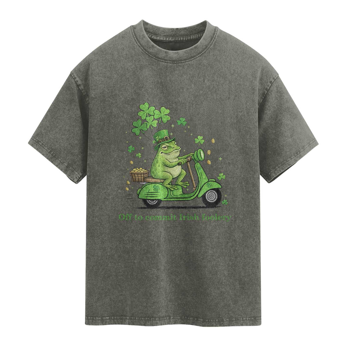 Funny Irish Frog Off To Commit Foolery Washed Cotton T-Shirt St Patricks Day Gift