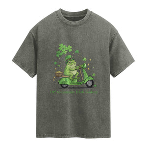 Funny Irish Frog Off To Commit Foolery Washed Cotton T-Shirt St Patricks Day Gift