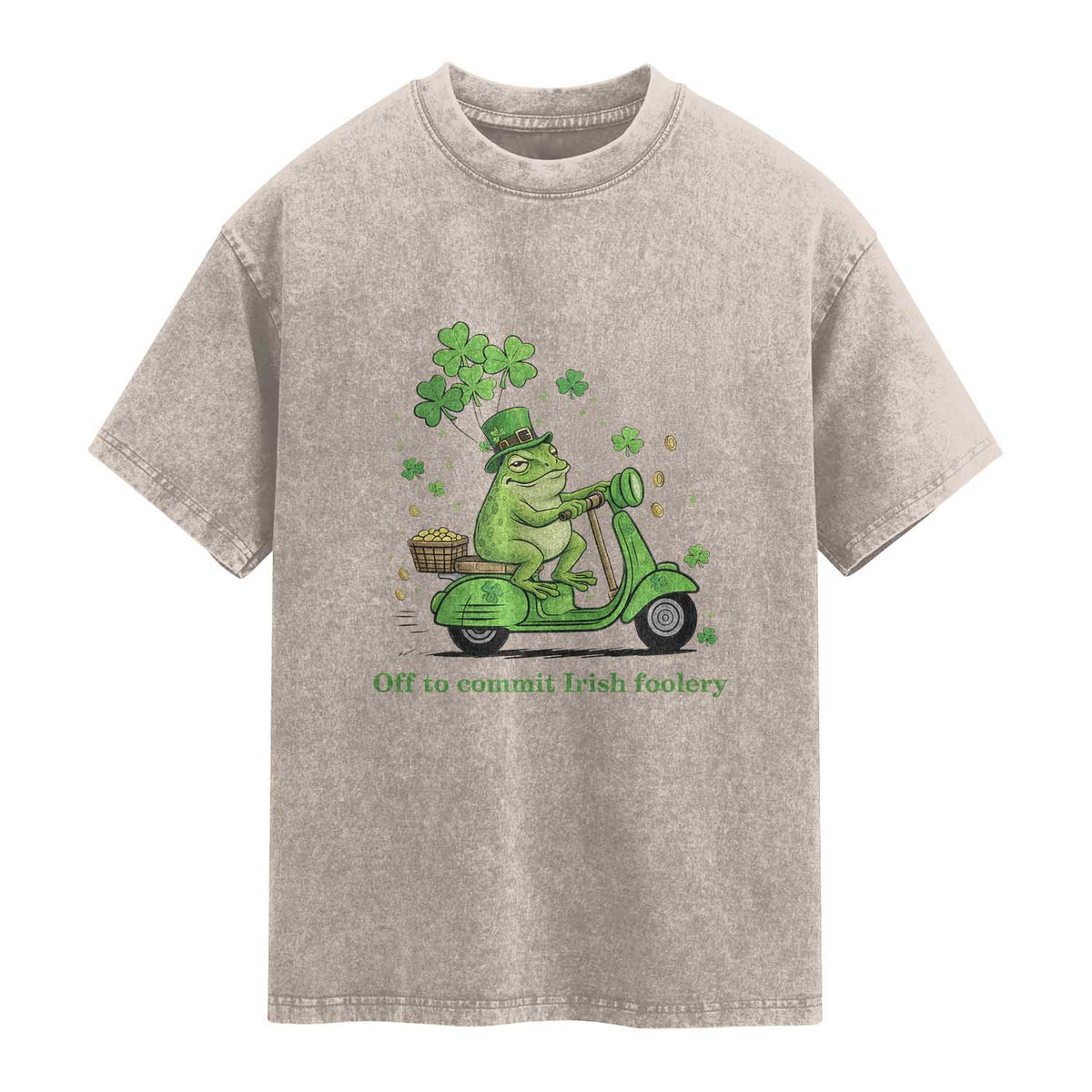 Funny Irish Frog Off To Commit Foolery Washed Cotton T-Shirt St Patricks Day Gift