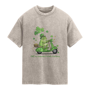 Funny Irish Frog Off To Commit Foolery Washed Cotton T-Shirt St Patricks Day Gift