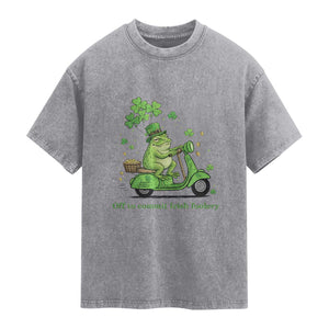 Funny Irish Frog Off To Commit Foolery Washed Cotton T-Shirt St Patricks Day Gift