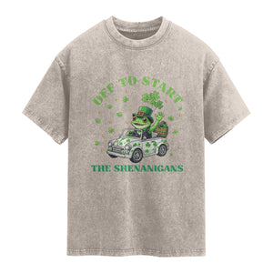 Off To Start The Shenanigans Washed Cotton T-Shirt St Patricks Day Frog