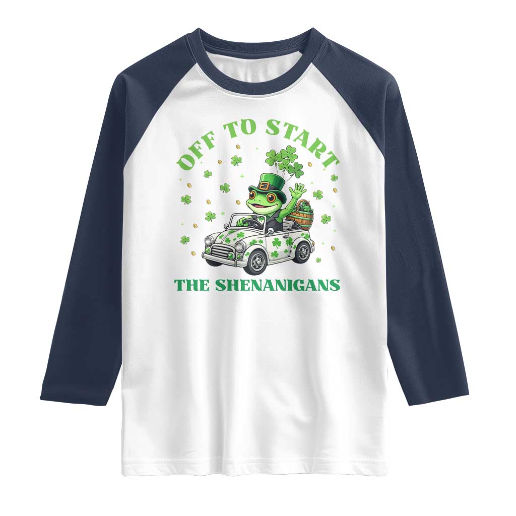 Off To Start The Shenanigans Raglan Shirt St Patricks Day Frog TS12 White Navy Print Your Wear