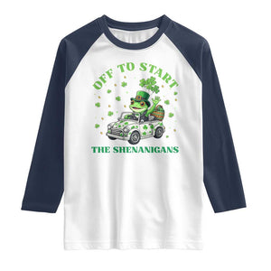Off To Start The Shenanigans Raglan Shirt St Patricks Day Frog TS12 White Navy Print Your Wear