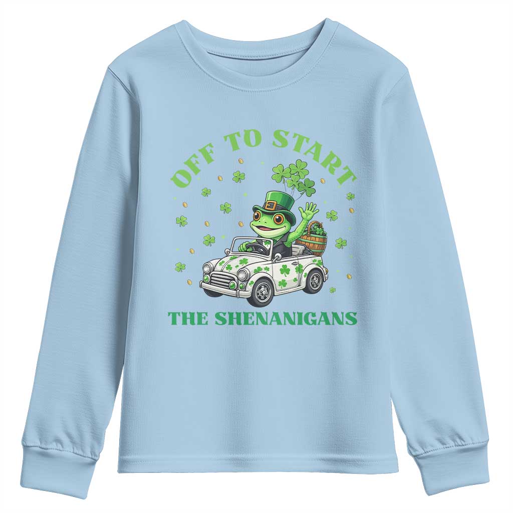 Off To Start The Shenanigans Youth Sweatshirt St Patricks Day Frog TS12 Light Blue Print Your Wear