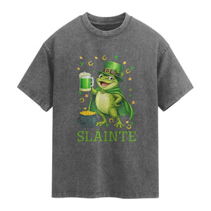 Funny Slainte Irish Frog Beer St Patricks Day Washed Cotton T-Shirt
