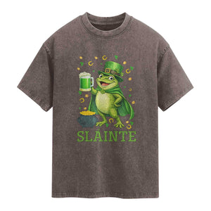 Funny Slainte Irish Frog Beer St Patricks Day Washed Cotton T-Shirt