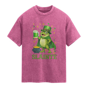 Funny Slainte Irish Frog Beer St Patricks Day Washed Cotton T-Shirt