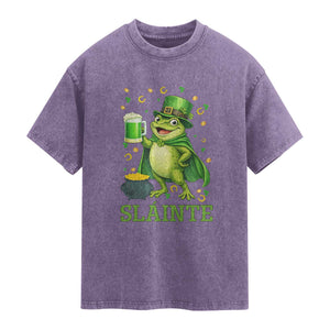 Funny Slainte Irish Frog Beer St Patricks Day Washed Cotton T-Shirt