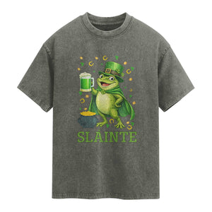 Funny Slainte Irish Frog Beer St Patricks Day Washed Cotton T-Shirt