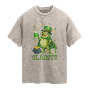 Funny Slainte Irish Frog Beer St Patricks Day Washed Cotton T-Shirt