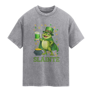 Funny Slainte Irish Frog Beer St Patricks Day Washed Cotton T-Shirt