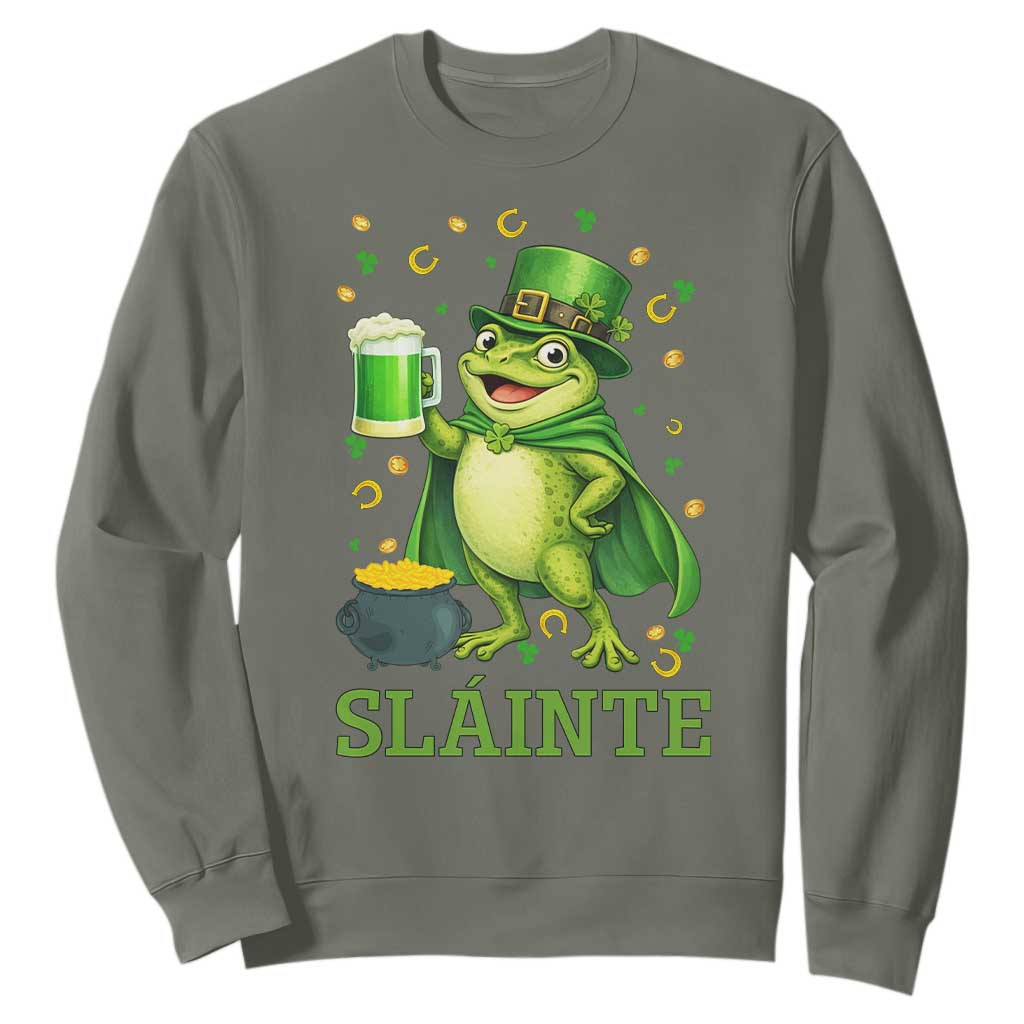 Funny Slainte Irish Frog Beer St Patricks Day Sweatshirt TS12 Military Green Print Your Wear