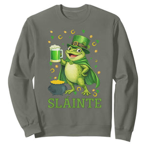 Funny Slainte Irish Frog Beer St Patricks Day Sweatshirt TS12 Military Green Print Your Wear