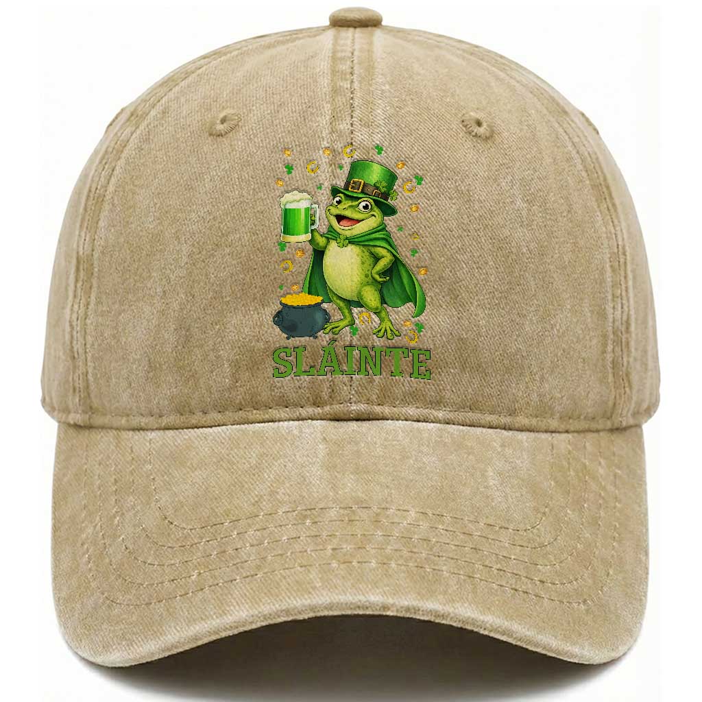 Funny Slainte Irish Frog Beer St Patricks Day Washed Cotton Baseball Cap TS12 Print Your Wear