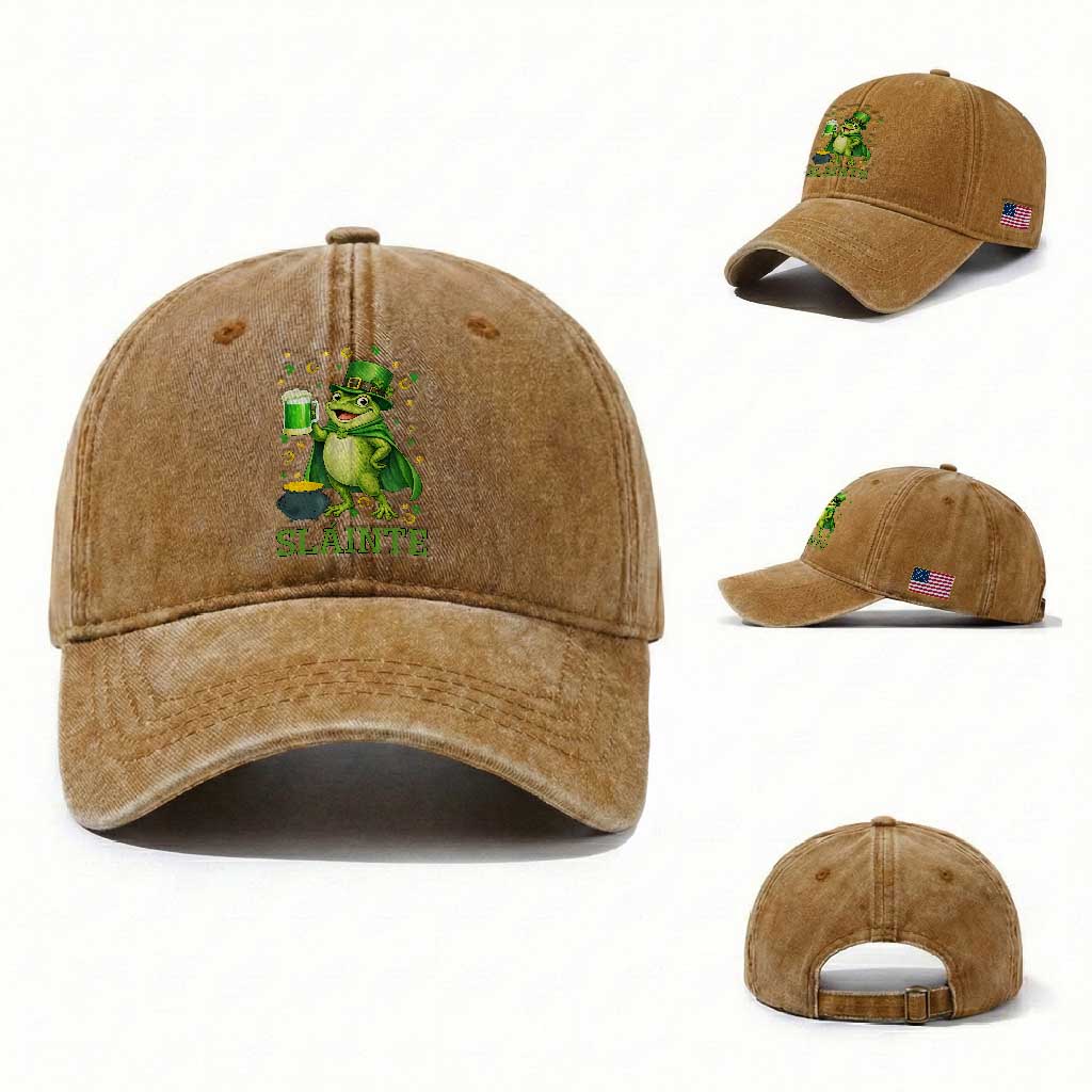 Funny Slainte Irish Frog Beer St Patricks Day Washed Cotton Baseball Cap TS12 Washed Cap Universal Fit Yellow Ochre Print Your Wear